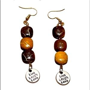 New Handmade Sterling Silver Live Laugh Love Tiger Eye Dangle Earrings OOAK
